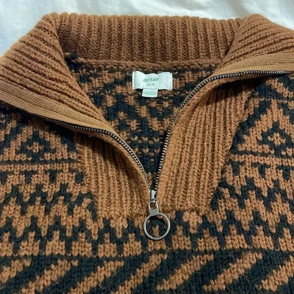AERIE |Fair Isle | Aztec Pattern | Oversized Quarter Zip |Brown/Black |Size XS - Picture 9 of 16